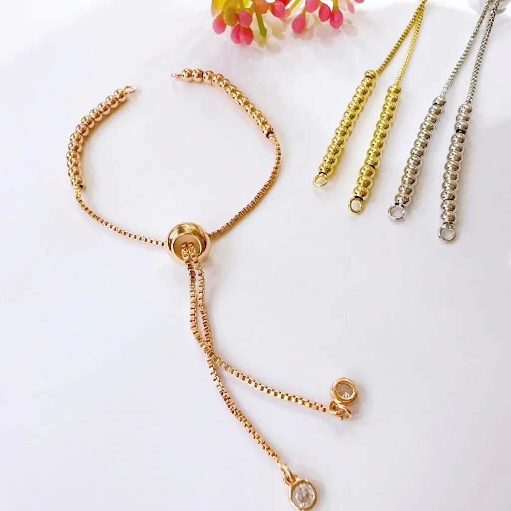 Adjustable Slider Bracelet Copper Gold Plated Round Beads Cubic Zirconia Dainty Elegant Jewelry For Women