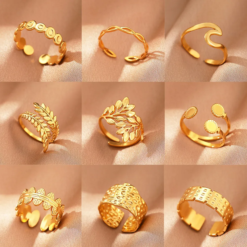 Bohemian Stainless Steel Open Rings For Women Adjustable Geometric Hollow Out Fashion Jewelry Aesthetic Gift