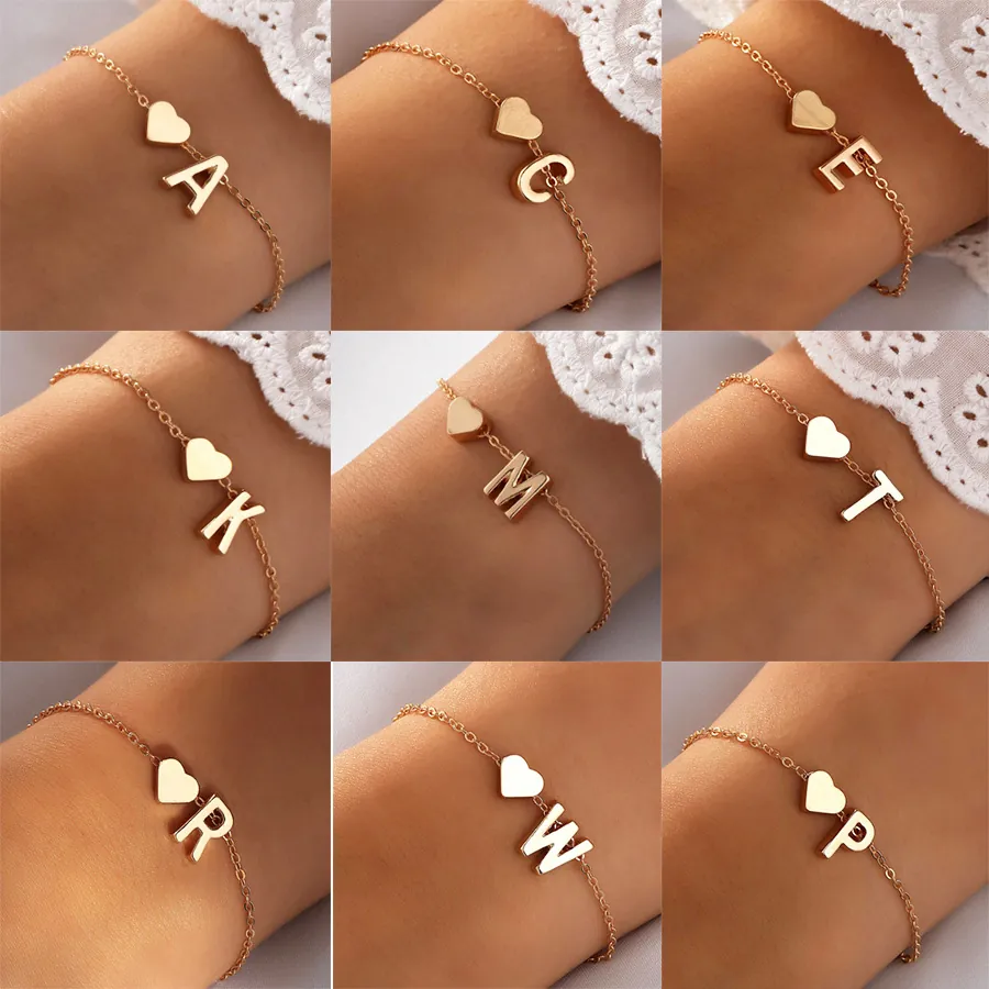 Bracelet En Alliage Plaqué Or Pendentif Lettre Initiale Cœur Alphabet Bijoux Élégants Minimalistes Pour Femmes