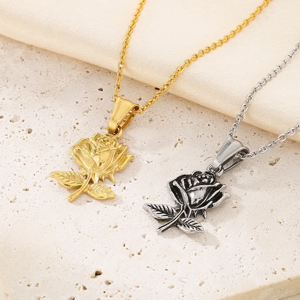 Collier Pendentif Fleur De Rose Acier Inoxydable Titane Plaqué Or Vintage Bijoux Floraux 3D Cadeau Pour Femmes Hommes
