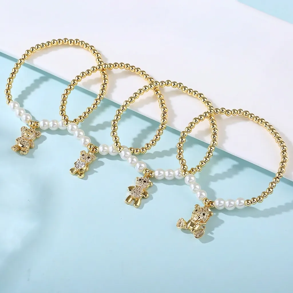 Elastic Beaded Bracelet Gold Plated Copper White Imitation Artificial Pearl Animal Bear Koala Rhinestone Charm Jewelry Fashion For Women