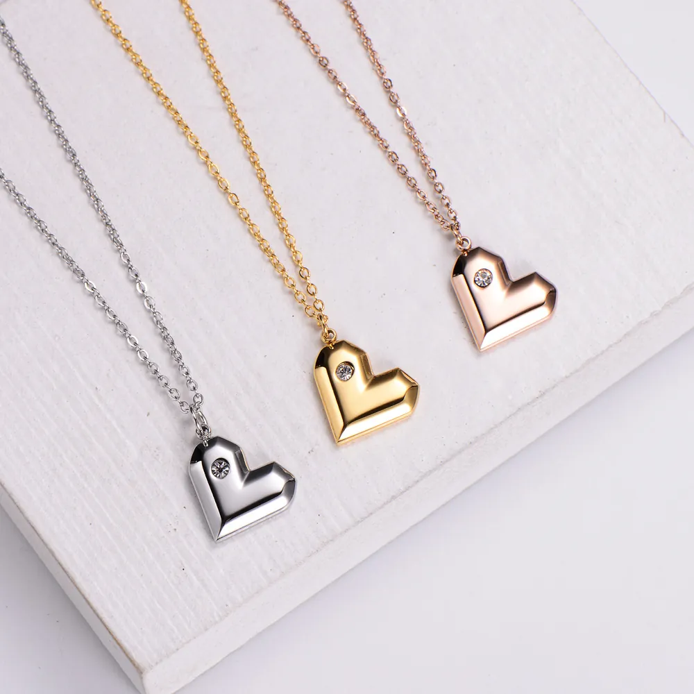 Collier Pendentif Cœur Pour Femmes Acier Inoxydable 316L Strass Géométrique Poli Miroir Minimaliste Élégant Bijoux