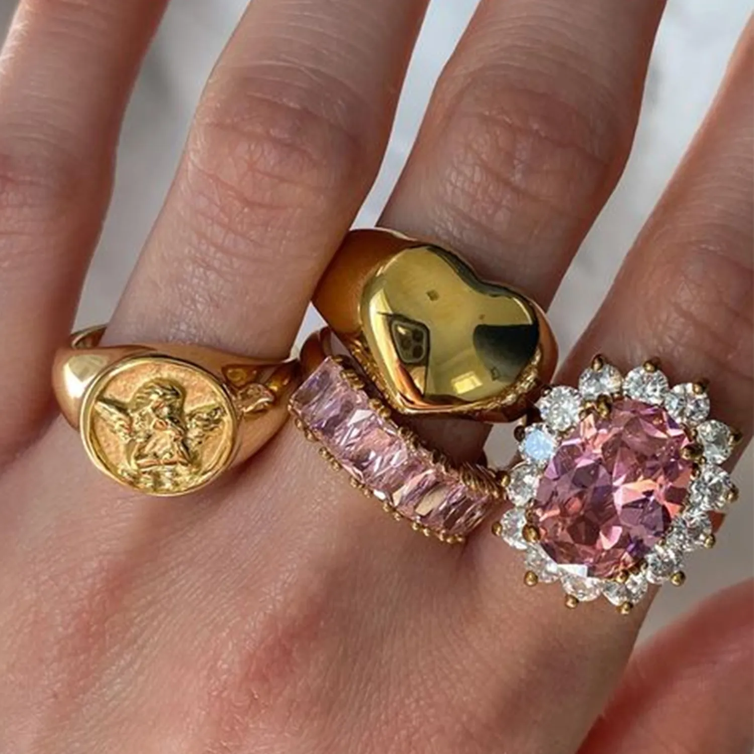 Vintage Stainless Steel 18K Gold Plated Rings Pink Zircon Heart Angel Cupid Relief Star Engraved Blessing Women Jewelry