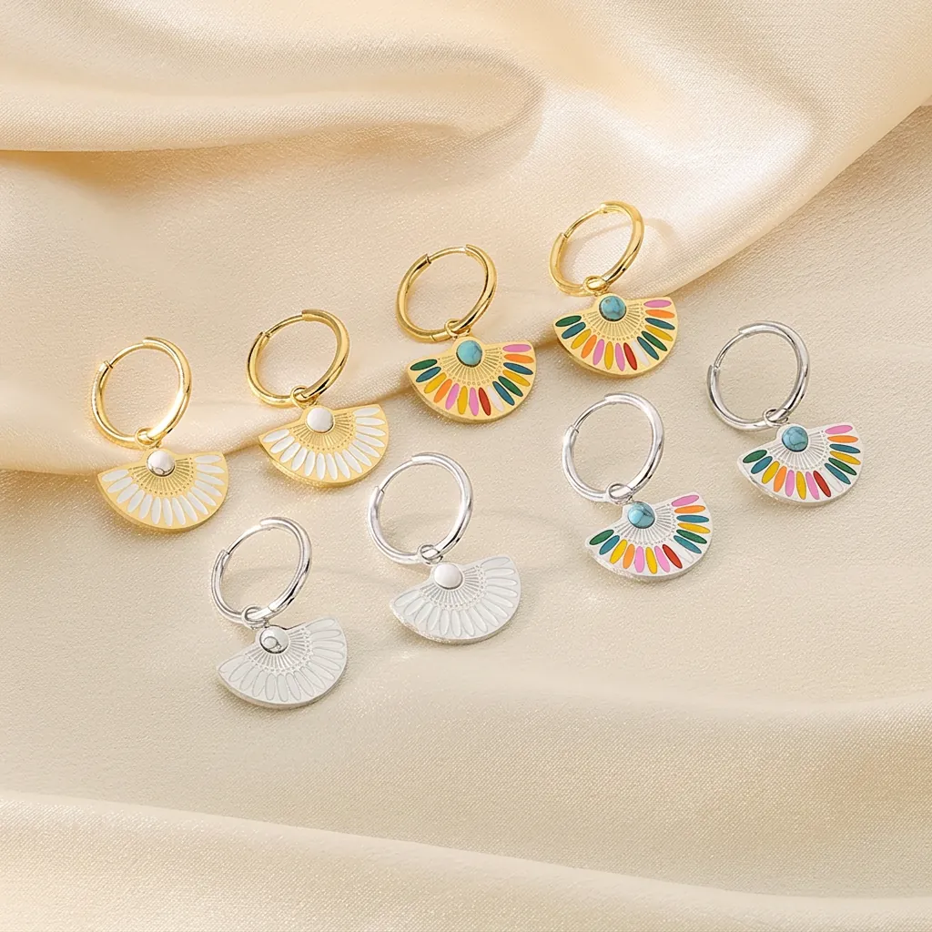 Vintage Bohemian Fan Shaped Stainless Steel Hoop Drop Earrings With Colorful Enamel Striped And Faux Turquoise For Women