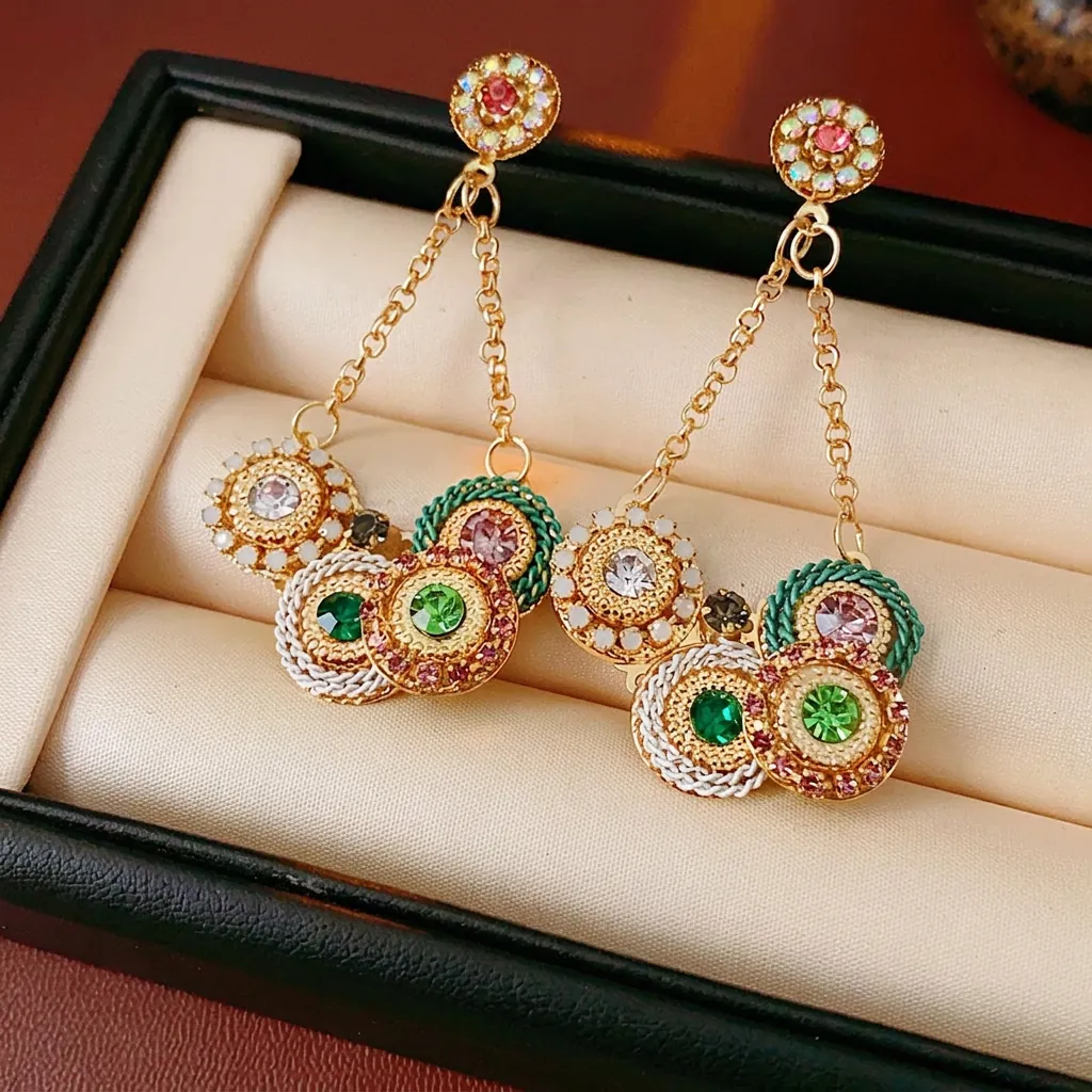 Boucles D Oreilles Pendantes À Pampilles En Strass Colorés Bohème Vintage Avec Alliage Et Tige En Argent Pour Femme
