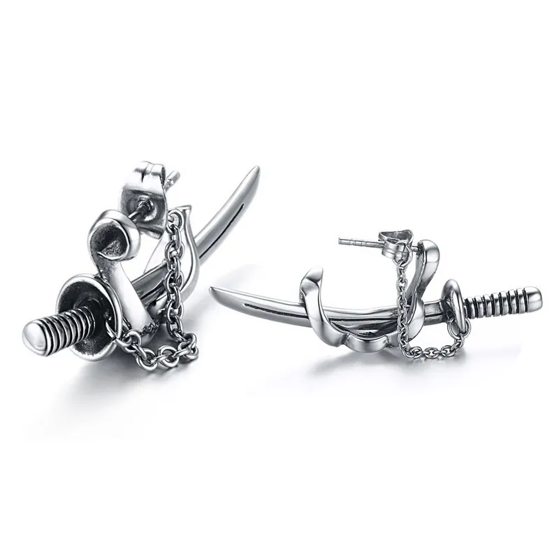 Katana Sword Stud Earrings Stainless Steel With Decorative Chain Punk Gothic Vintage Silver Jewelry For Men