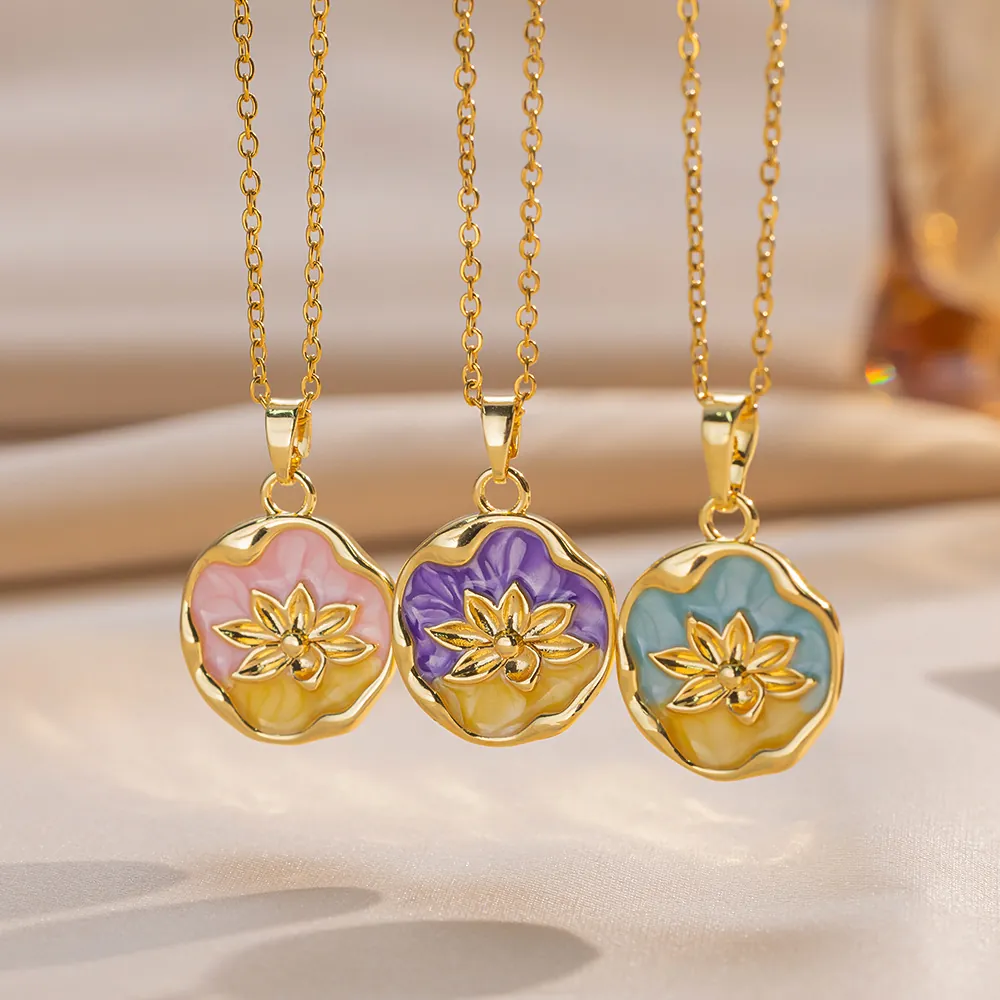 Lotus Blume Anhänger Halskette Titanstahl Emaille Französisch Vintage Ölgemälde Stil Eleganter Schmuck Für Frauen