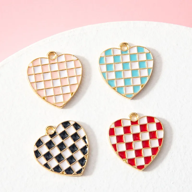 Checkerboard Heart Pendant Alloy Enamel Charm For DIY Jewelry Making Bracelet Necklace Crafting Accessory