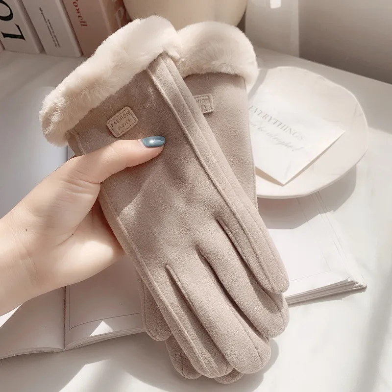 Women Winter Gloves Faux Suede Warm Fleece Lined Touchscreen Windproof Faux Fur Trim Outdoor Cycling Thick Thermal