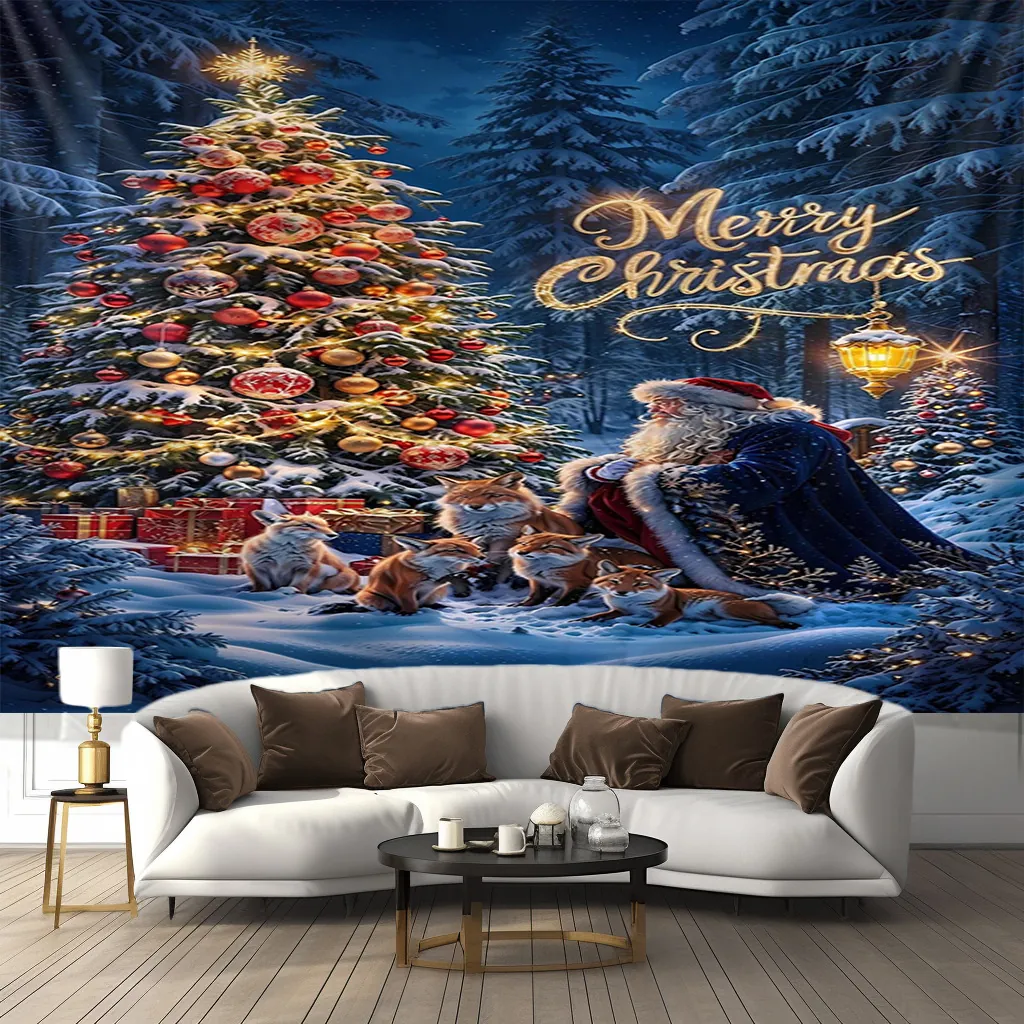 Christmas Wall Tapestry Polyester Santa Claus Tree Forest Underwater Castle Backdrop Home Festive Room Decor