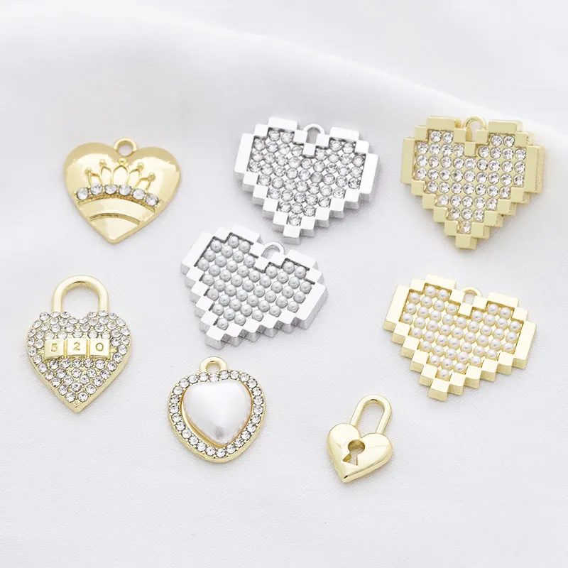 Heart Shape Alloy Charms Pendants With Rhinestone And Faux Artificial Pearl For DIY Jewelry Making Necklaces Earrings