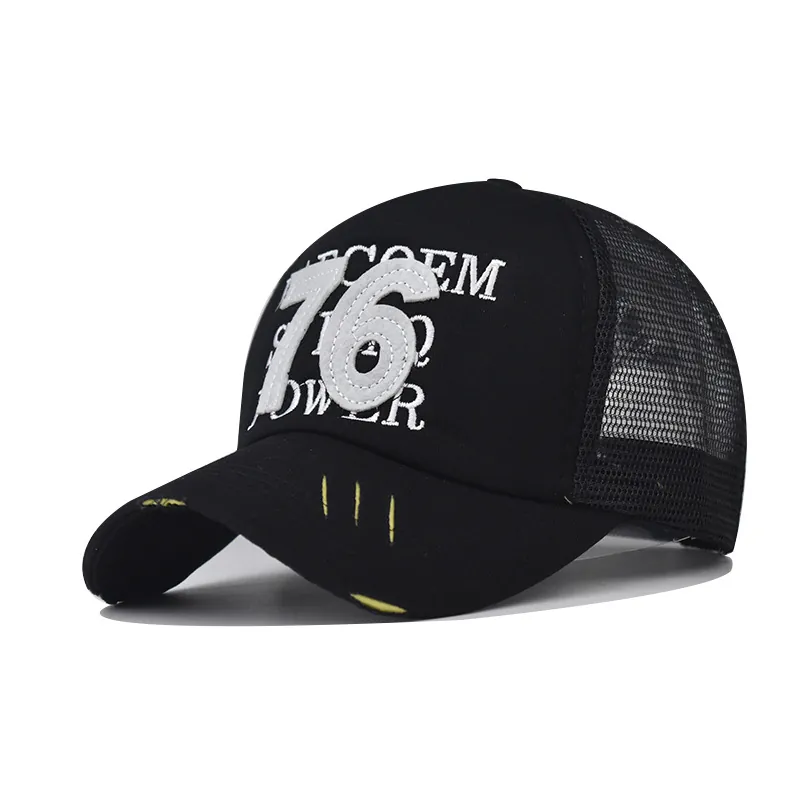 Casquette Trucker Coton Dos En Maille Baseball Distressed Broderie 76 Style Urbain Rétro Réglable Pour Hommes Femmes