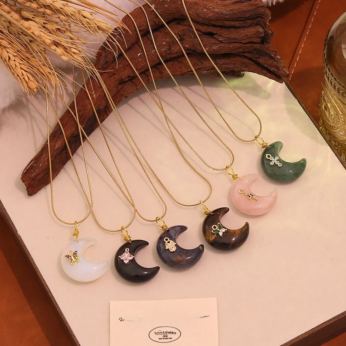 Collana Con Pendente A Mezzaluna In Pietra Naturale Catena A Serpente In Acciaio Inossidabile Farfalla Hamsa