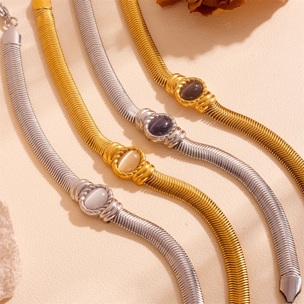Vintage Stainless Steel Cat Eye Stone Wide Chain Bracelet For Women Elegant Gold Silver Plated Snake Bone Chain Fashion Jewelry Gift