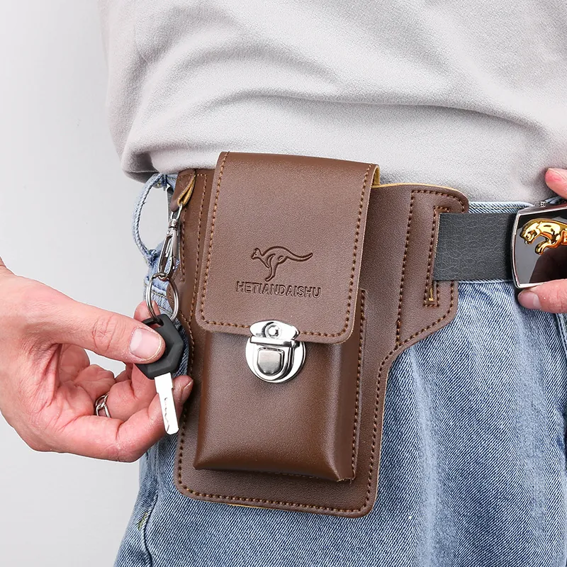 Men Cell Phone Waist Bag PU Leather Multi-Functional Belt Loop Holster Pouch With Key Hook Metal Buckle Vintage Style
