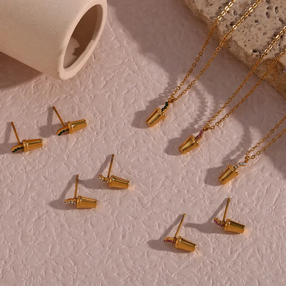 Stainless Steel Drink Cup Pendant Necklace Set With Rhinestone Cute Beverage Soda Bottle Gold Plated Jewelry For Women Girls Gift