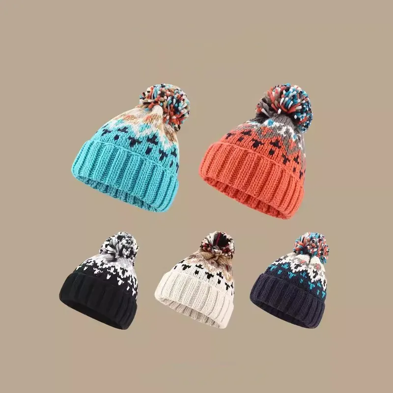 Women Knit Beanie Hat Cotton Polyester Warm Winter Nordic Pattern Colorful Pom Pom Ear Protection