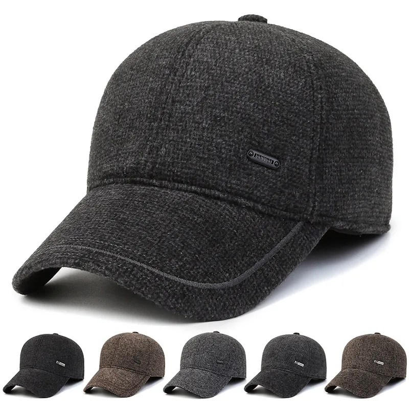 Men Winter Warm Baseball Cap Woolen Felt With Ear Protection Adjustable Outdoor Thickened Casual Hat