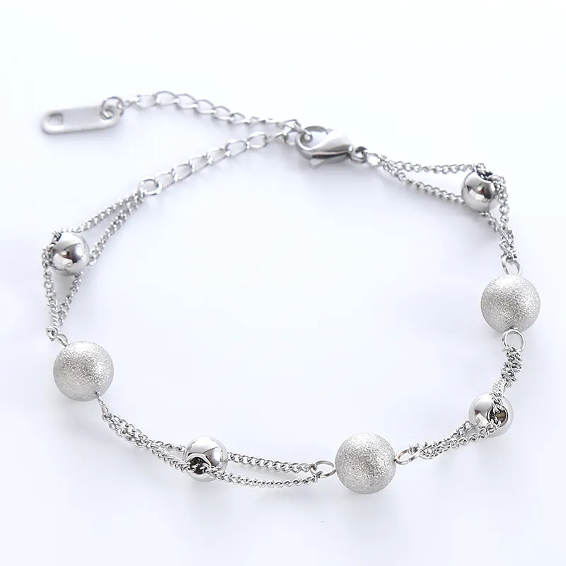 Dubbellaagse Roestvrijstalen Armband Met Matte En Glanzende Kralen Elegante Verstelbare Sieraden Voor Dames