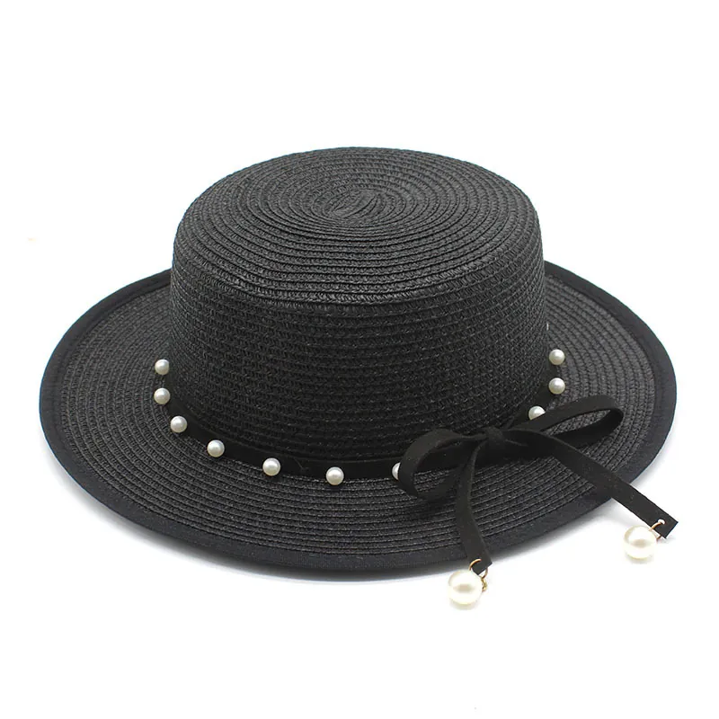 Women Boater Hat Retro French Straw Weave With Artificial Pearl Ribbon Bow Summer Sun Protection Beach Flat Top Elegant