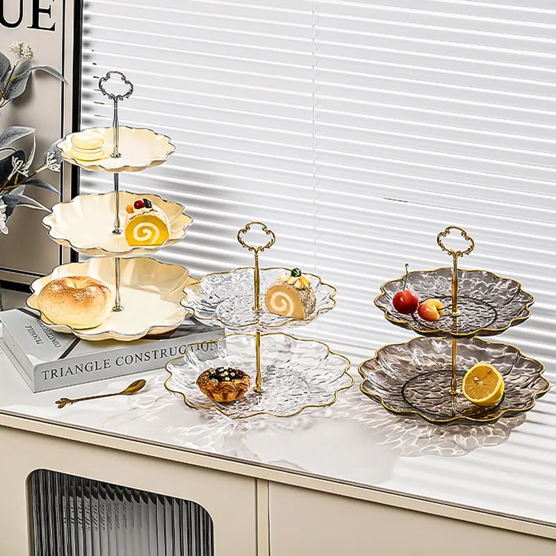 Multi-Tier Fruit Plate Stand Plastic Ripple Pattern Wave Edge Gold Rim Dessert Cupcake Holder Afternoon Tea Party Wedding Home