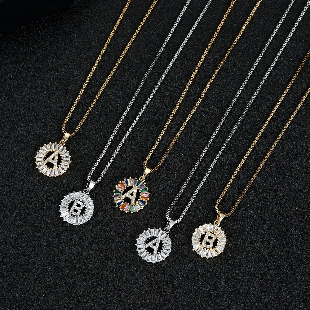 Alphabet Initial Pendant Necklace Copper Baguette Cubic Zirconia Rainbow Round Medallion Fashion Jewelry For Women