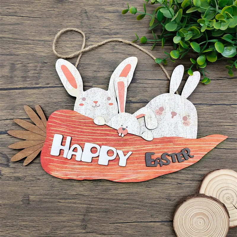 Easter Wooden Hanging Plaque Carrot Rabbit Design Happy Easter Lettering Decorative Ornament Home Holiday Sign