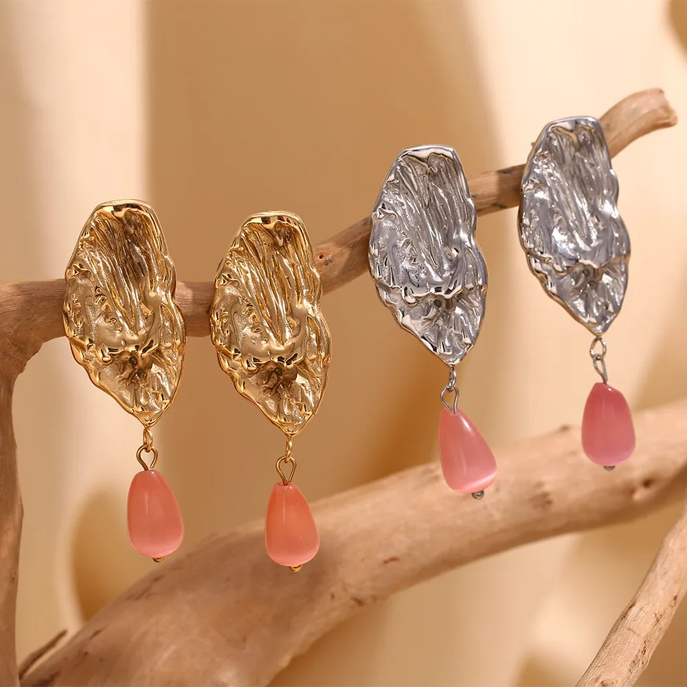 Vintage Butterfly Wing Drop Earrings Stainless Steel 18K Gold Plated Irregular Metal Pink Teardrop Stone Fashion Women