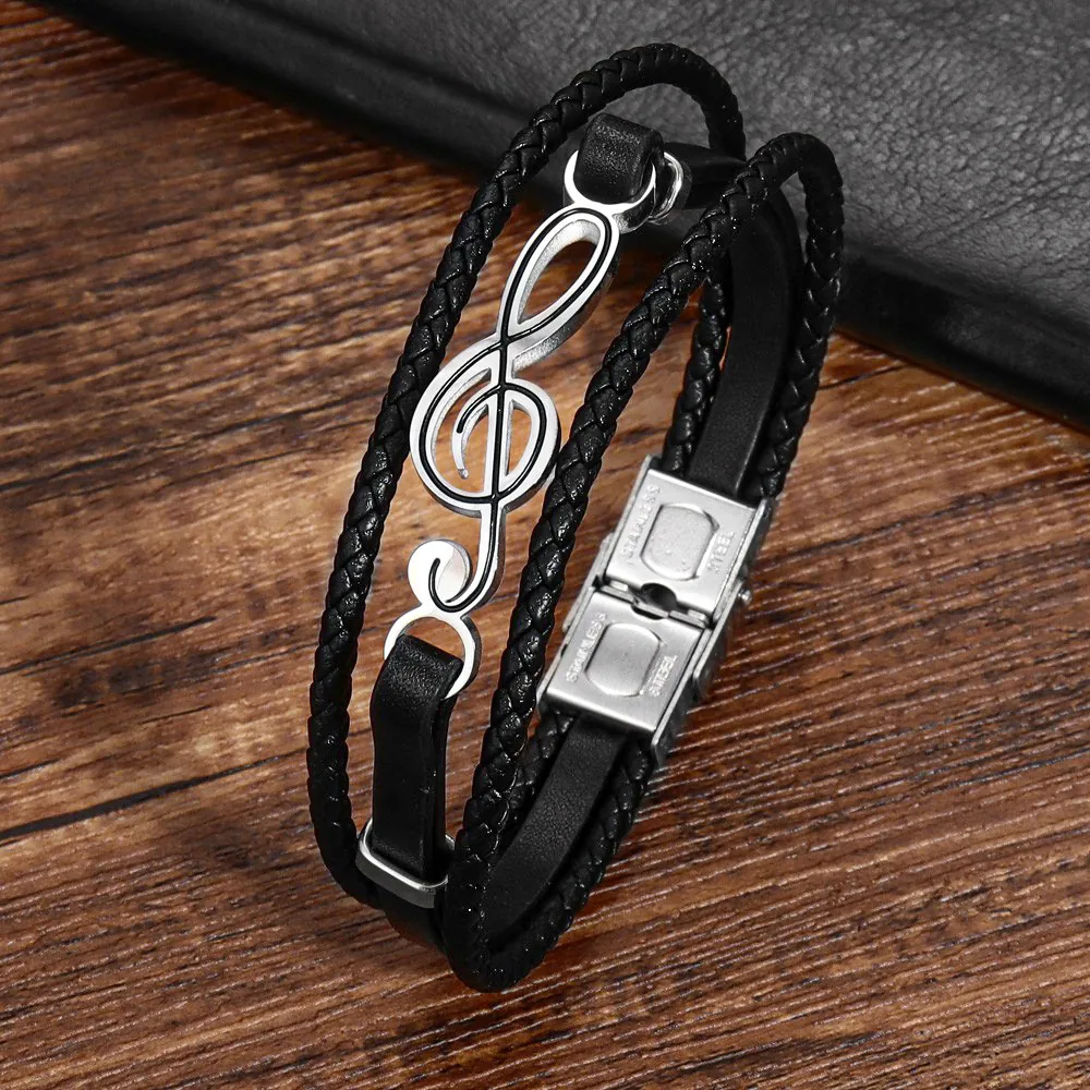 Men Multilayer Woven Leather Bracelet With Stainless Steel G-Clef Musical Note Pendant Hip Hop Jewelry Gift