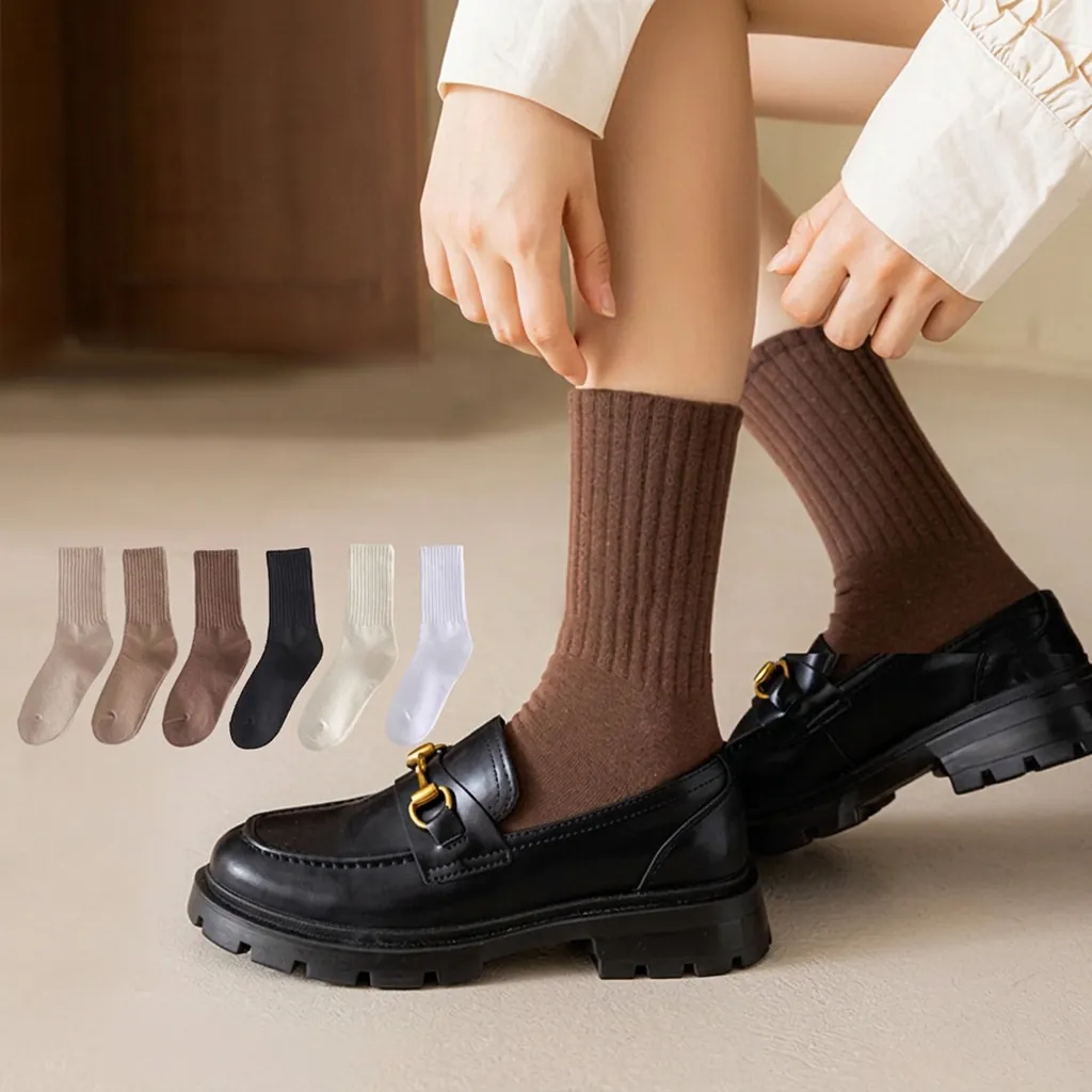Chaussettes Plissées Femmes Coton Côtes Mi-Mollet Respirant Couleur Unie Style Japonais Ins Doux Mode