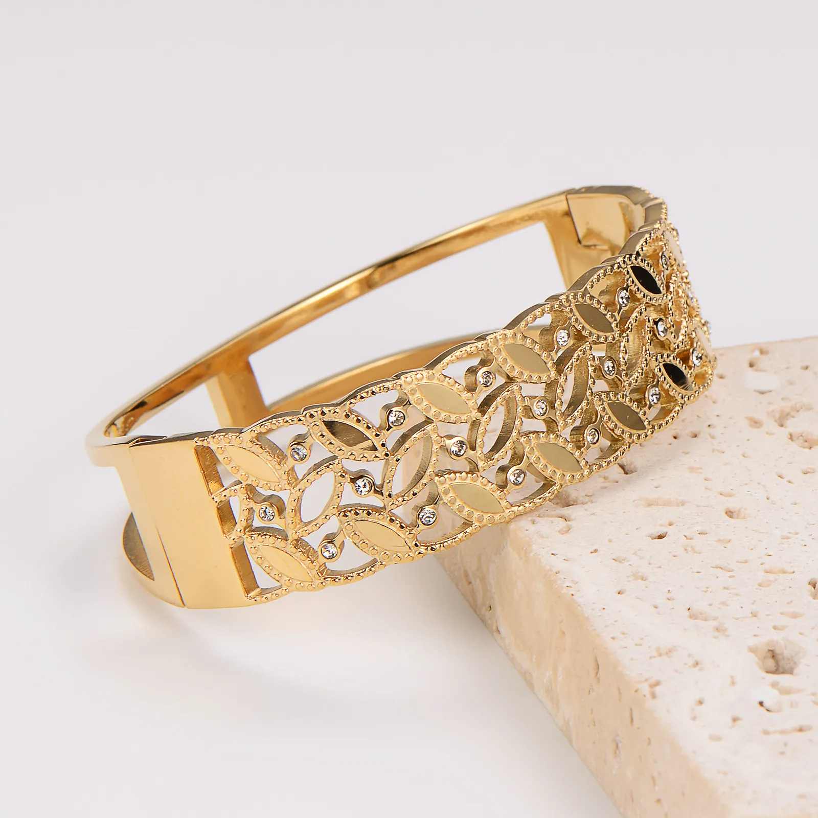 Stainless Steel Hollow Out Leaf Bangle With 18K Gold Plated Rhinestone Geometric Retro Cuff For Women