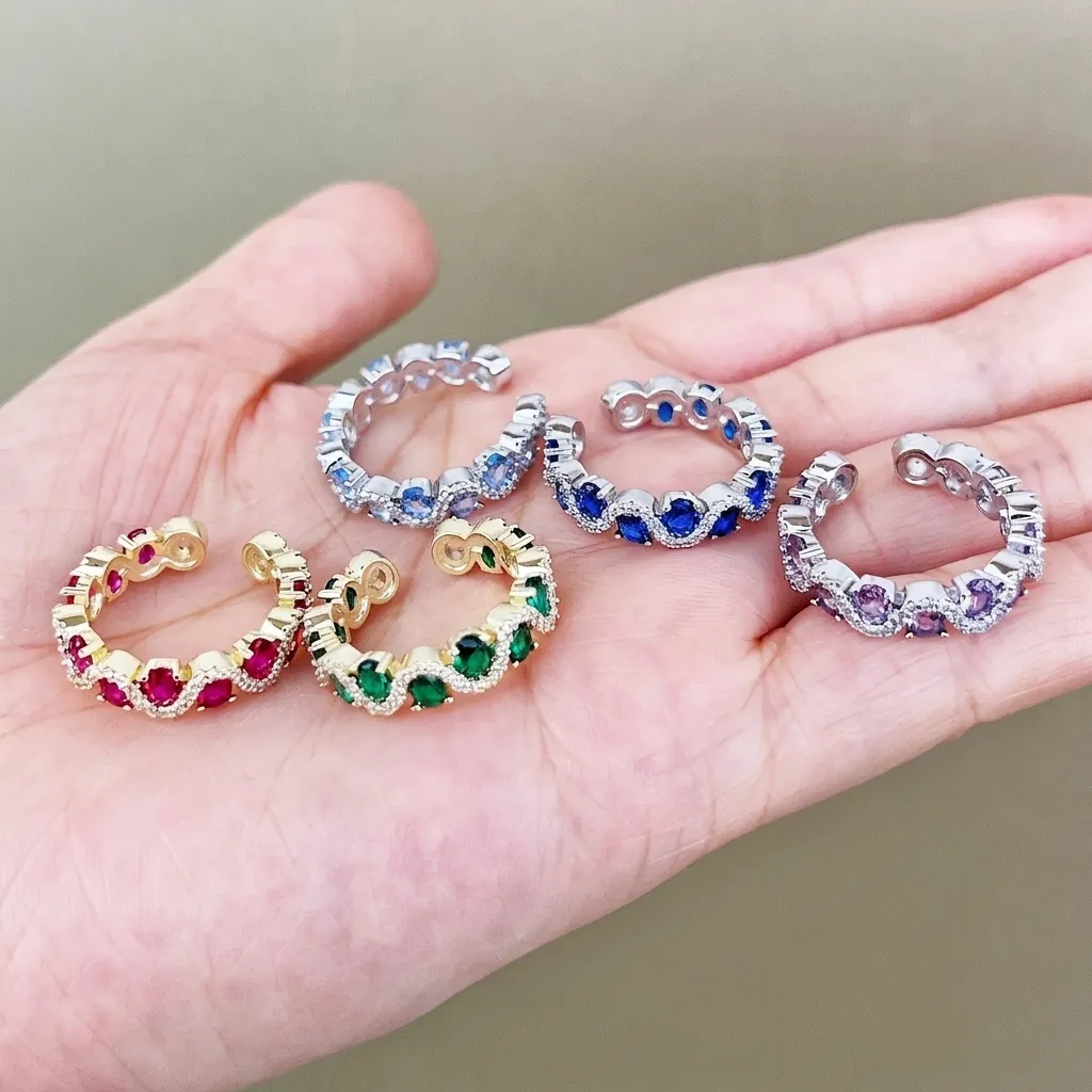 Luxury Fashion Wave Copper Colorful Rhinestone Open Ring For Women Adjustable Light Luxury Corundum Spinel Jewelry Gift