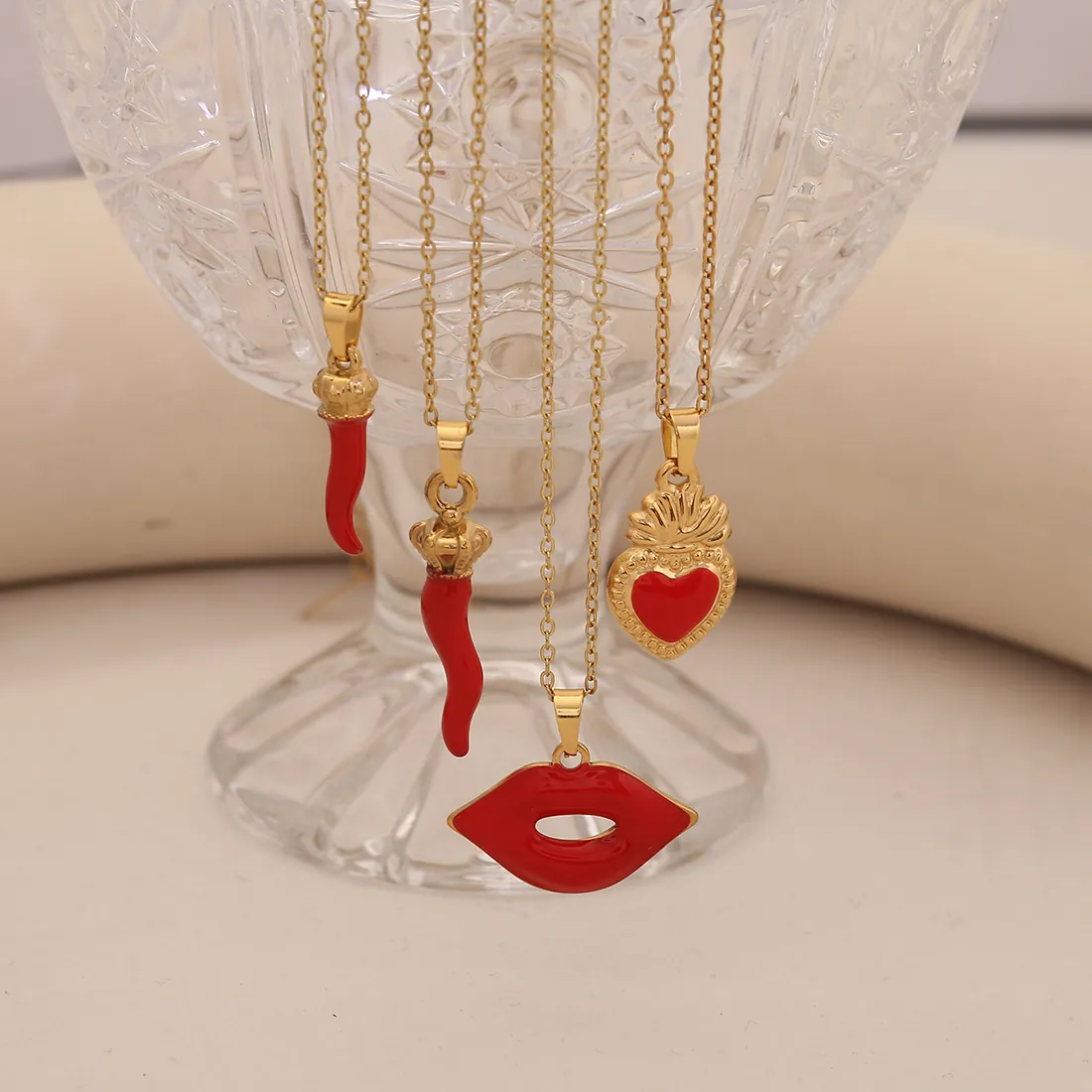 Stainless Steel Pendant Necklace Red Enamel Lip Chili Sacred Heart Italian Horn Fashion Jewelry For Women