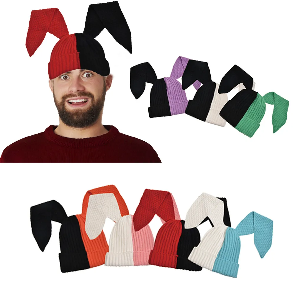 Knit Bunny Ear Beanie Hat Split Color Block Knitted Novelty Funny Winter Warm Outdoor Cap Unisex