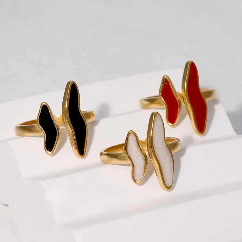 Französisch Vintage Verstellbarer Offener Ring Edelstahl 18K Vergoldet Geometrisch Asymmetrisch Emaille Schmuck Damen