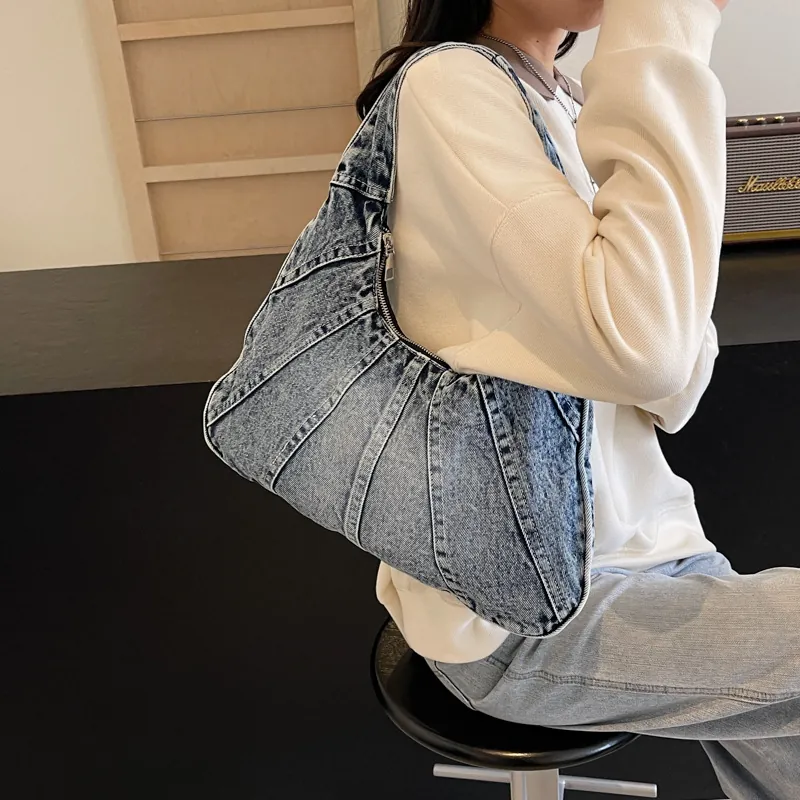 Sac Bandoulière Hobo En Denim Croissant Patchwork Grande Capacité Minimaliste Urbain Pour Femmes