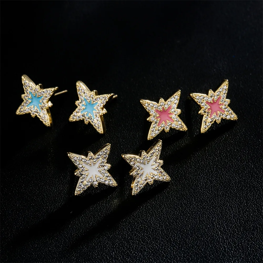 Eight Pointed Star Stud Earrings Copper Gold Plated Cubic Zirconia Enamel Geometric Minimalist Jewelry For Women