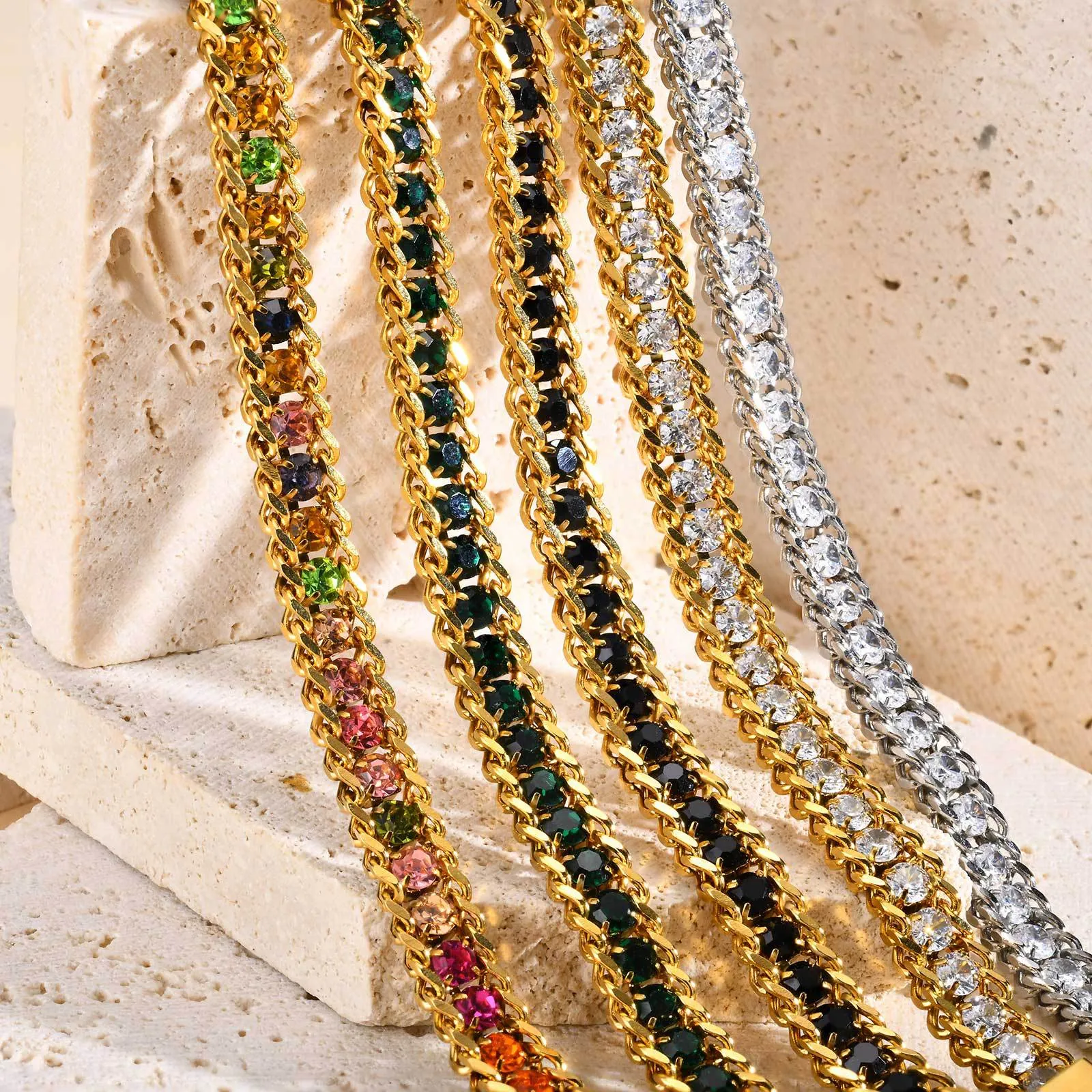 Stainless Steel 18K Gold Plated Triple Row Cubic Zirconia Bead Chain Bracelet For Women Adjustable Fashion Jewelry