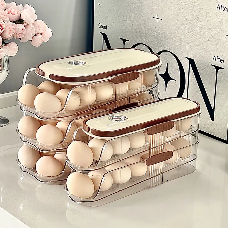 Automatic Rolling Egg Holder Refrigerator PET Plastic Multi-Layer Stackable Storage Box With Date Record Dial Handle