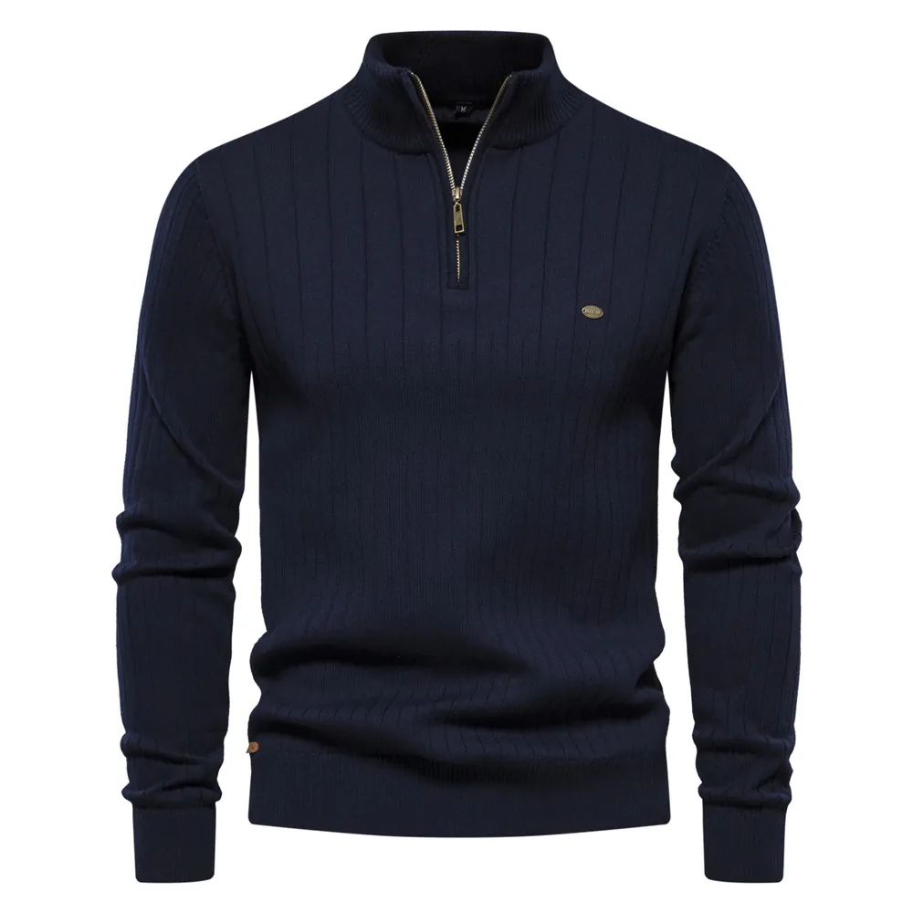 Maglione in Maglia da Uomo con Mezza Zip e Collo Rialzato in Misto Cotone Texture a Costine Slim Fit Autunno Inverno Top Casual Manica Lunga