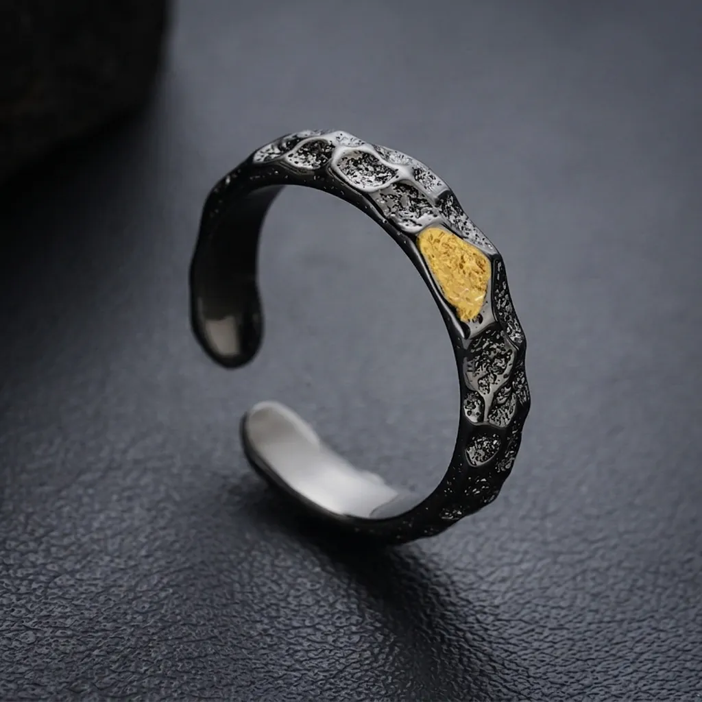Open Adjustable Ring Retro Industrial Black Alloy Hammered Lava Texture With Gold Inlay Jewelry For Men Women