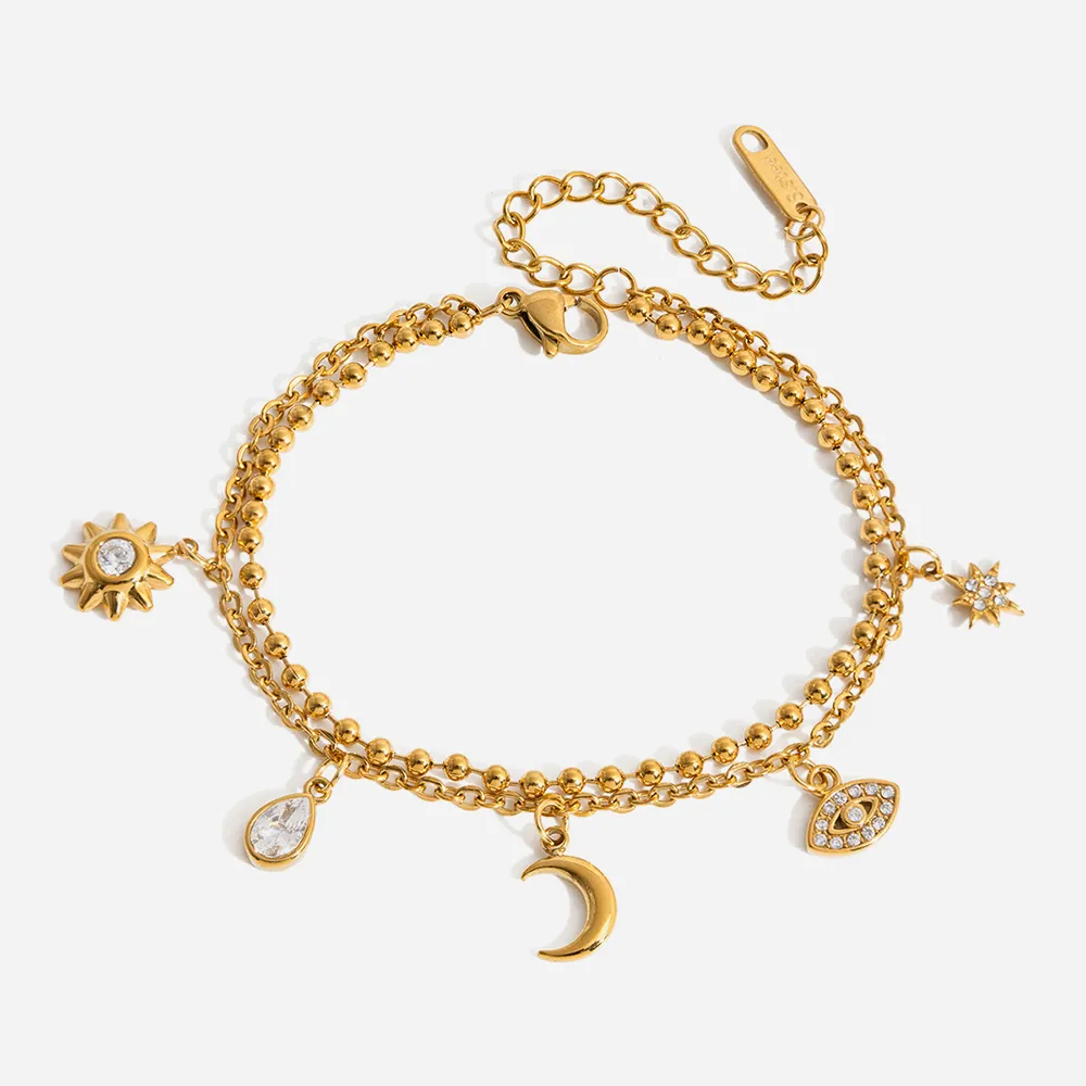 Bracelet à Charme Mauvais Œil et Lune en Acier Inoxydable Plaqué Or 18K pour Femme Double Couche Bijoux Bohème