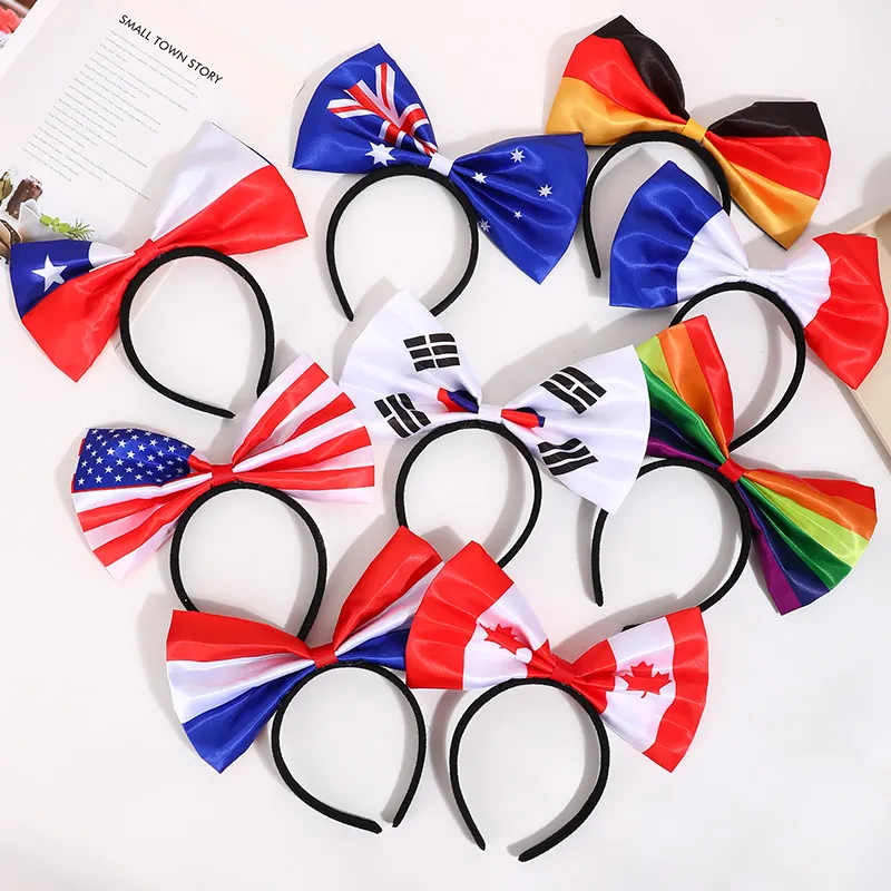 National Flag Big Bow Headband Satin Fabric Patriotic Party Sports Event Fans Accessory For Women Girls