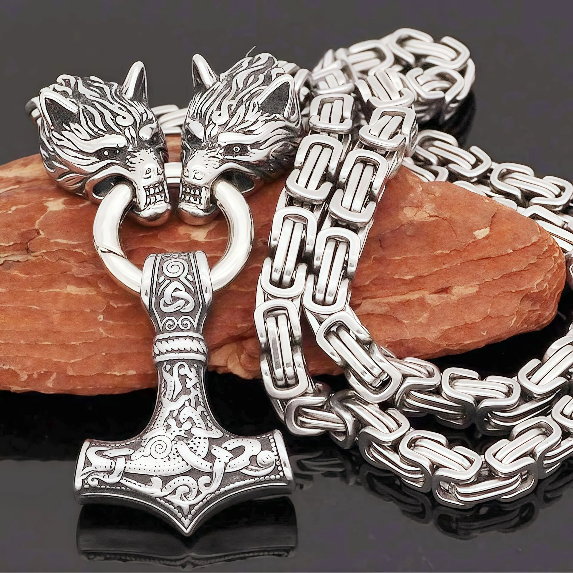 Collier Pendentif Marteau De Thor Viking Acier Inoxydable Têtes De Loup Chaîne Byzantine Bijoux Nordiques Pour Hommes