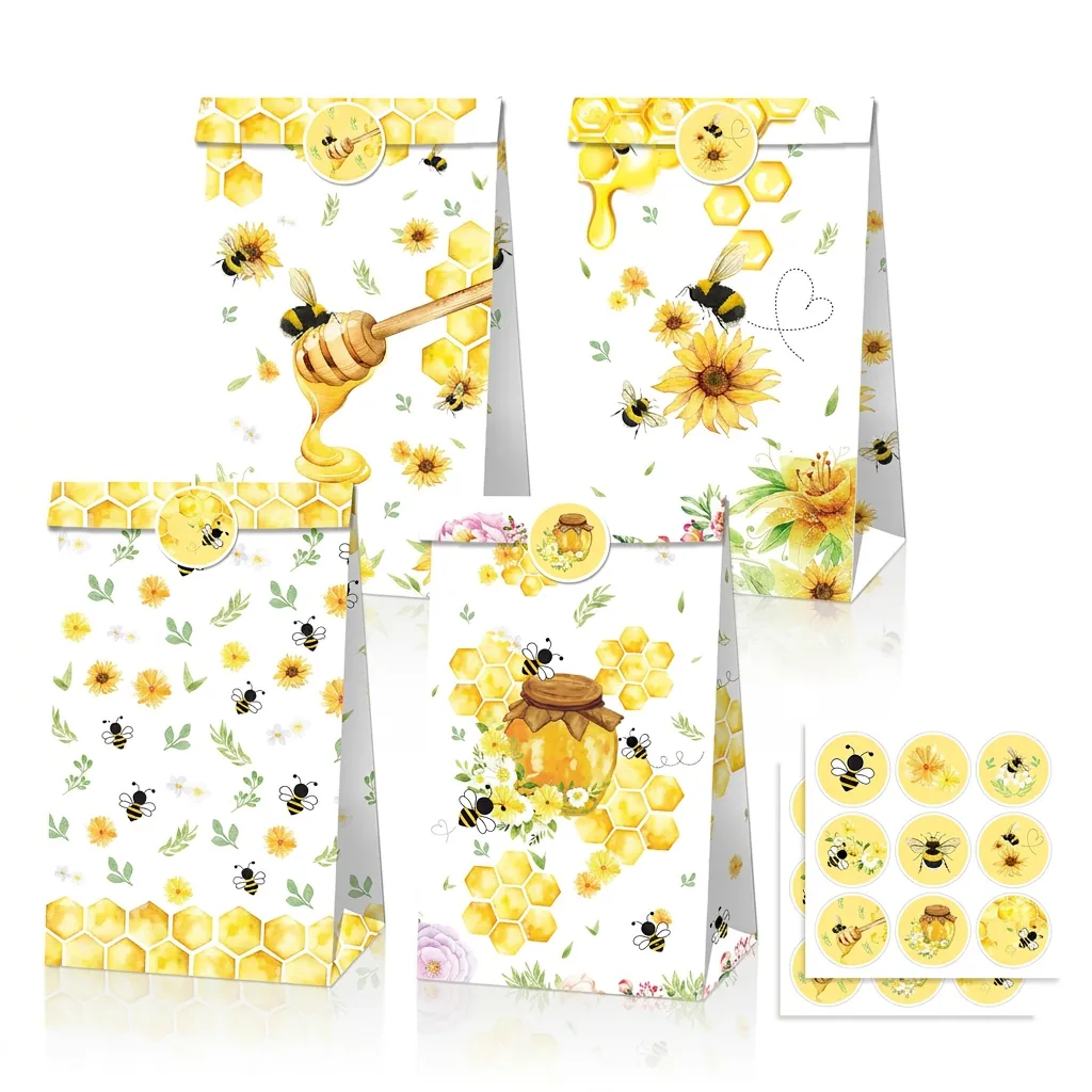 Honey Bee Sunflower Theme Kraft Paper Gift Bags With Stickers Cartoon Bee Party Favor Bags For Candy Cookies Birthday Graduation