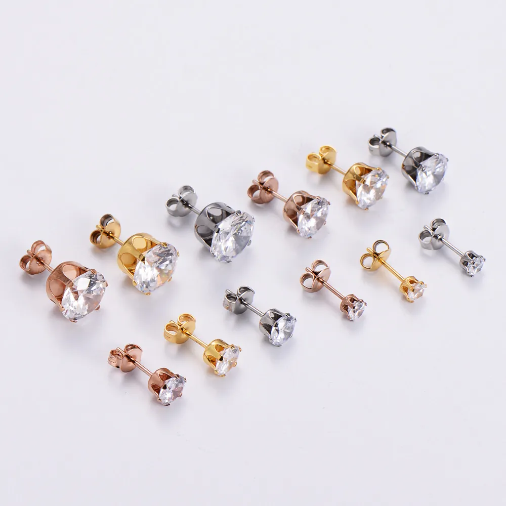 Boucles D'oreilles En Acier Inoxydable 316L Oxyde De Zirconium Hypoallergénique Classique Rond Sertissage Griffes Bijoux