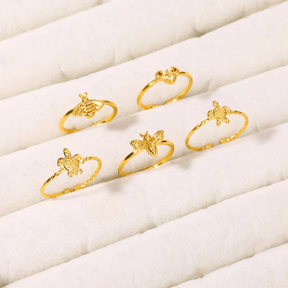 Bagues Ouvertes Ajustables Acier Inoxydable Plaqué Or 18K Tortue Abeille Cœur Bijoux Mignons Minimalistes Pour Femmes