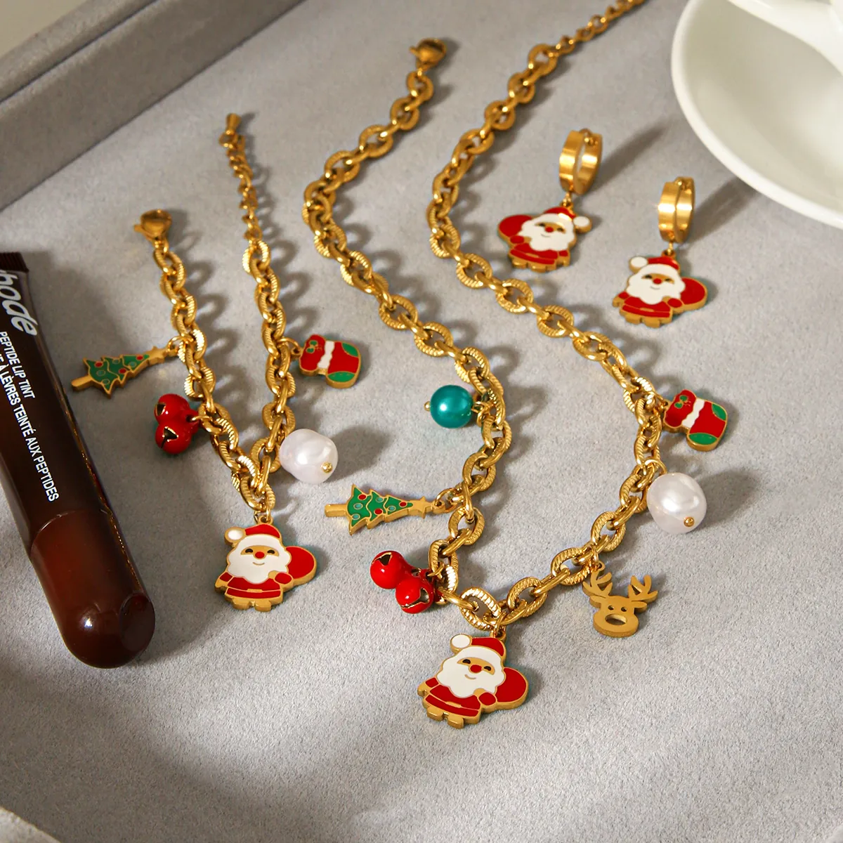 Bijoux De Noël Collier Bracelet Boucles Oreilles Acier Inoxydable Plaqué Or Émail Père Noël Renne Arbre Pour Femmes