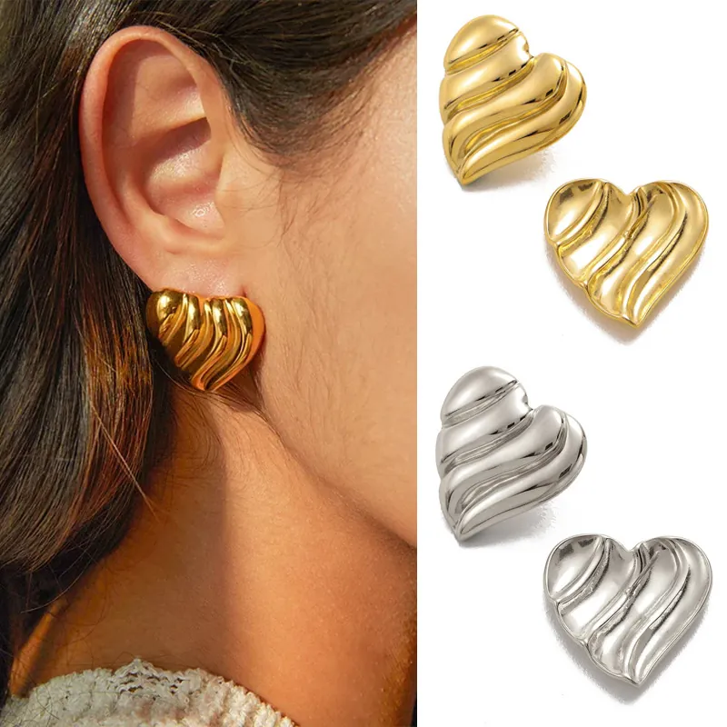 Edelstahl Herz Ohrstecker Gerippte Wellentextur Vintage High End Vergoldet Schmuck Für Frauen Retro Stil