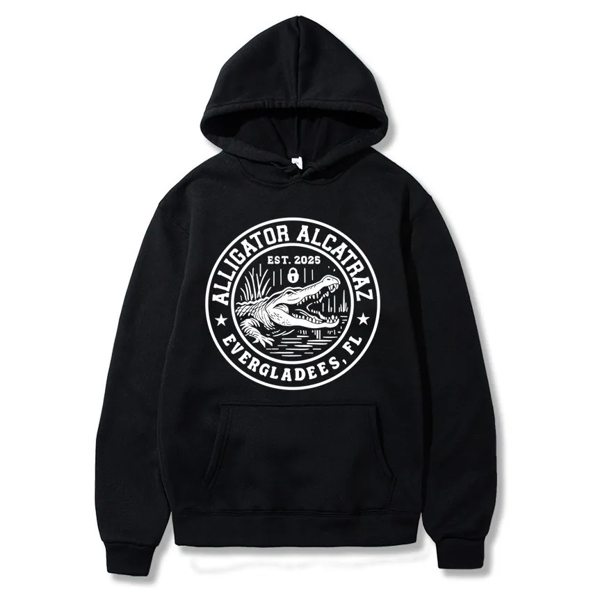 Men Alligator Alcatraz Graphic Hoodie Long Sleeve Pullover With Kangaroo Pocket Retro American Fleece Lined Sweatshirt